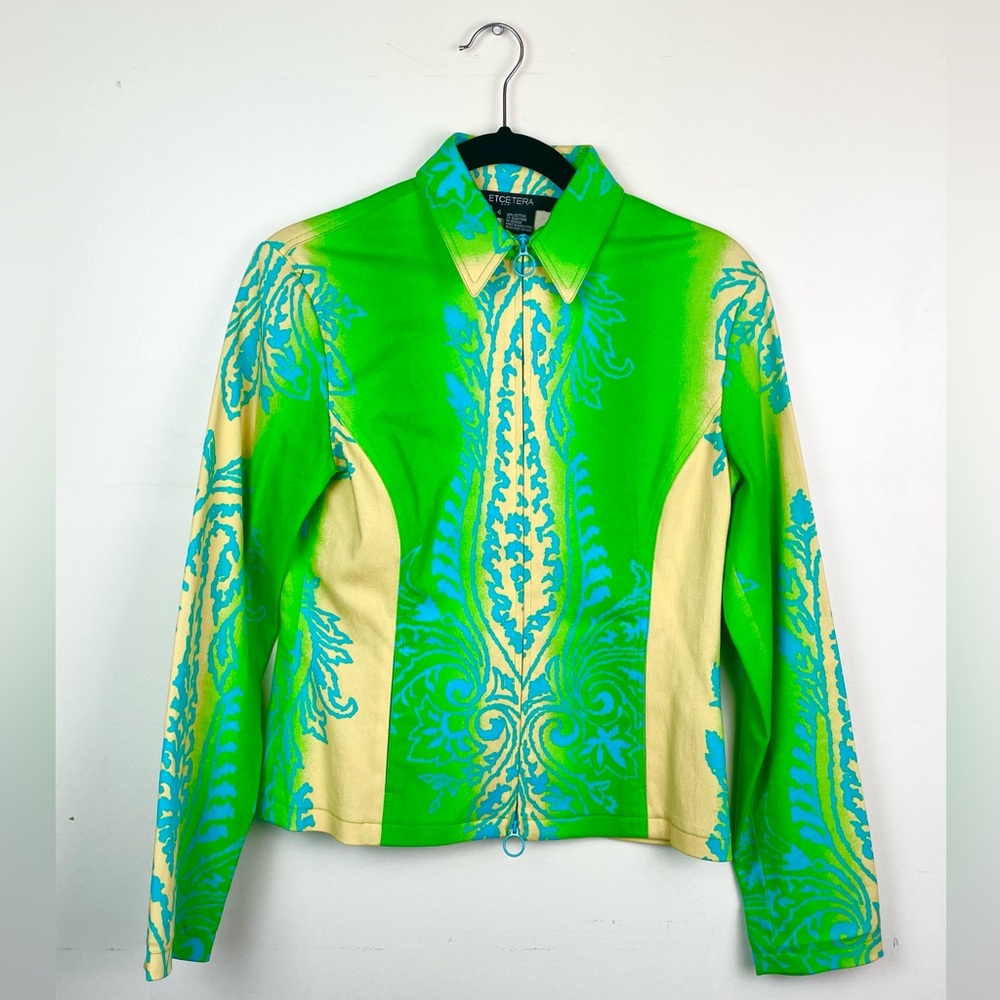 Vintage Etcetera green and yellow with blue design zip up | Size 4